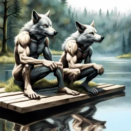 realistic anthropomorphic human-wolf hybrids in body hair lie exhausted and wet on their stomachs on two wooden boards next to a deep river, on the opposite bank in the distance, hour-long, thick-trunk trees are faintly visible, grass, mud, rain, high realistic, detailed, cinematic, sci-fi, digital art, dark fantasy mood