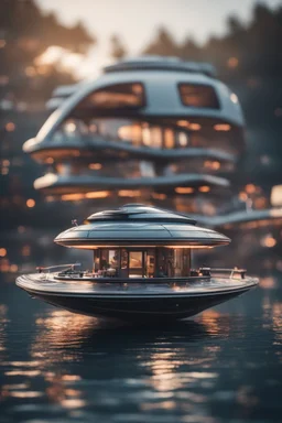 house boat that looks like an dark twisted alien space ship, bokeh like f/0.8, tilt-shift lens 8k, high detail, smooth render, down-light, unreal engine, prize winning