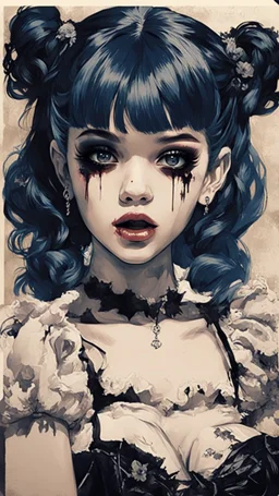 Poster in two gradually, a one side malevolent goth vampire girl face and other side the Singer Melanie Martinez face, full body, painting by Yoji Shinkawa, darkblue and sepia tones,