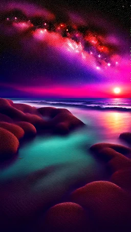 a sky filled with lots of stars and stunning nebula next to the ocean, dreamlike sky, galaxy, high resolution, sunset, high detailed, landscape photography