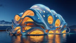 An enormous frisky futuristic fantasy building at night, inspired by the fluidity of ocean waves, with undulating, curved walls made of shimmering, innovative semi-transparent opalescent materials. The happy building has large, curved, intriguing rounded windows, tentacles, curved balconies and walkways. The building is adorned with jewels and surrounded by water, and there are mountains in the distance. Award-winning photograph, beautiful composition, joyful appearance.