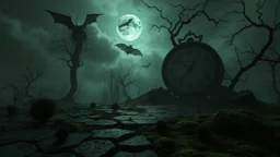 surreal dreamlike scene, nightmare on eart and in sky, midnight in the garden of death, some small black prickly balls on the earth and on sky, mystic gloomy, surreal dark shadows and pale light, stones, cracked eart, dark winter-like vibe, dark weird shapes floatings ,come strom , dark green moss, weird tall dark musroom, bats on sky, branch on eart,deep dark colors, dark twisting tendrils around big clock ,Clock Midnight, wind, fog, detailed, cinematic, Unity R