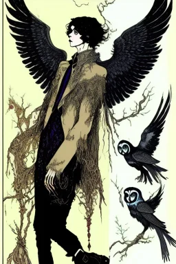 Black haired, owl-man, Skinny, warlock, with black wings, and owl legs, in the style of Harry Clarke