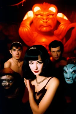 Betty Page and some demonds. art from japanese style 1980 movie. Heavy metal arcade. perfect lighting, leica summicron 35mm f2.0, kodak portra 400, film grain. hangover post party, wasted, closeup and mist, face melting flame.