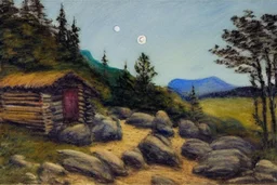 Night, moon, cabin, rocks, pathway, trees, grass, mountains, distant mountains, distant trees, philip wilson steer impressionism painting