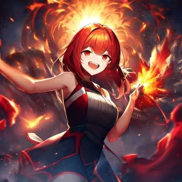 Clear Focus, High resolution, epic explosion with a insane girl laughing, glowing red eyes