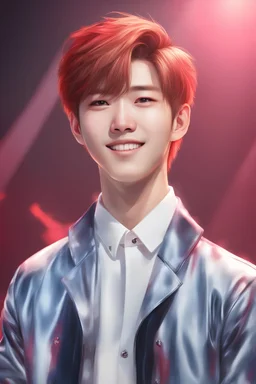 gen 1men,Eric\(The boyz\),stage on the background,kpop show,short red hair,Korean idol,Korean singer,on the stage,styled hair,pulled back hair,highly detailed, digital painting, HDRI, masterpiece, smooth, professional photo,detailed face,with smile,with microphone.