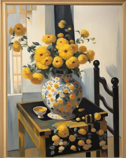 beautiful art print features yellow flowers in a chinoiserie vase sitting on a table, with black ladderback chair in background Modifiers: oil on canvas beautiful dynamic lighting crisp quality colourful acrylic art still life luminism Gustave Klimt style raw beautiful oil on canvas beautiful oil on canvas oil on canvas