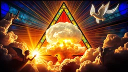 a nuclear explosion cloud(middle) framed from behind by a triangle of stained glass surrounded by radiant lines from the center, the wind and smoke from the explosion forming shapes of attractive dancing women(bottom) and cherubs(top) with small angel wings(left and right foreground) like cherubs in the clouds, religiose art, angelic light