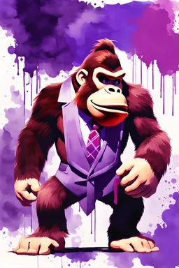 Masterpiece painting, Donkey Kong from Nintendo with his DK tie, watercolor style, Professional Quality watercolor painting, Only Two Colors Purple And White, duotone only.