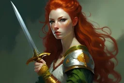 Painting of a redhead young woman queen with a sword