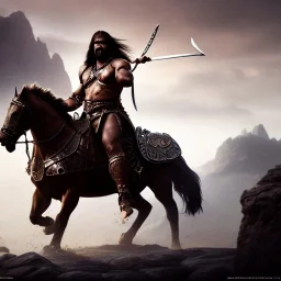 conan the barbarian as a conquistador riding a horse, uhd, realistic Epic cinematic brilliant stunning intricate meticulously detailed dramatic atmospheric maximalist digital matte painting, deep color, fantastical, intricate detail, splash screen, complementary colors, fantasy concept art, 8k resolution trending on Artstation Unreal Engine 5