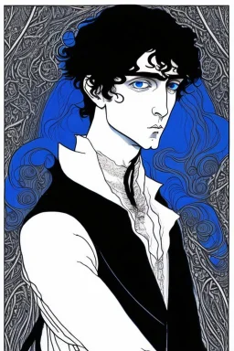 young black haired blue eyed wizard in the style of aubrey beardsley