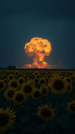 A field of random sunflowers at the end of the picture in the dark background a huge nuke explosion