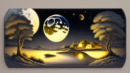 The night summer landscape with a huge moon is painted on a blonde background, highly detailed, in the style of light gray and dark gold, exquisite craftsmanship, neoplasticism, polished metamorphosis, loose paint application, poetic elegance, intense use dnote palettes with 8K details HD.