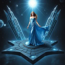 A breathtaking cosmic fantasy scene featuring a stunningly realistic beautiful woman with a perfect face and sculpted figure standing gracefully at the center of a floating geometric platform in deep space. She wears an elegant flowing gown in vibrant silver and blue hues that billow around her perfect form. The platform is constructed from dark cobblestone-like blocks arranged in a star shape. Surrounding her are magnificent CIFI towers like structures,satelights
