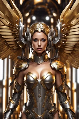 Photo Realistic Full body Lady Angel cyborg straddle wings, using traditional armor,detailed, intricate,gears cogs cables wires circuits, gold silver chrome copper,abstract background