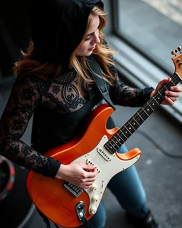 beautiful woman(wearing a dark lace hoodie) playing an electric guitar at high angle