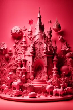 A pink magical kingdom with hearts designed in Maori sculptures painted by Leonardo da Vinci