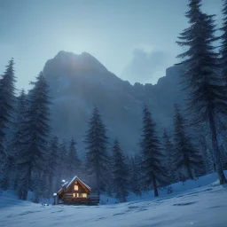 two shiny eyes in the snowy forest, sense of fear, Alps, mountain hut in the background, 8k, HD, cinematography, photorealistic, Cinematic, Color Grading, Ultra-Wide Angle, Depth of Field, hyper-detailed, beautifully color-coded, insane details, intricate details, beautifully color graded, Cinematic, Color Grading, Editorial Photography, Depth of Field, DOF, Tilt Blur, White Balance, 32k, Super-Resolution, Megapixel, ProPhoto RGB, VR, Halfrear Lighting, Backlight, Natural Lighting, Incandes