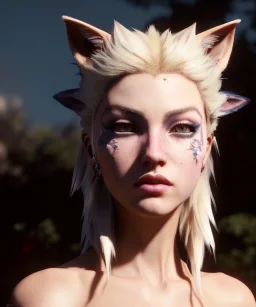 miqo'te character, wild blonde hair, ominous, facepaint, waist up portrait, intricate, oil on canvas, masterpiece, expert, insanely detailed, 8k resolution, retroanime style, cute big circular reflective eyes, cinematic smooth, intricate detail, soft smooth lighting, soft pastel colors, painted Renaissance style