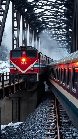 A train on a bridge , another train coming in the reverse direction crashed with it , dramatic accident