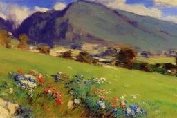 Mountains, sunny day, clouds, rocks, flowers, grass, distant houses, vegetations, distant trees, lesser ury and philip wilson steer impressionism painting