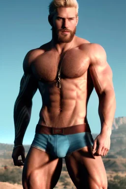 Ignore NSFW, teenager young rugged attractive slightly muscular fantasticly handsome blonde man, red briefs with yellow belt, hairy chest, (((visibly pisssing))) briefs, large erect visible boner peniss, photorealistic, artist Jay Anacleto, soft lighting, scruffy beard