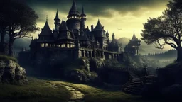 horror scene fantasy town with castle in the background