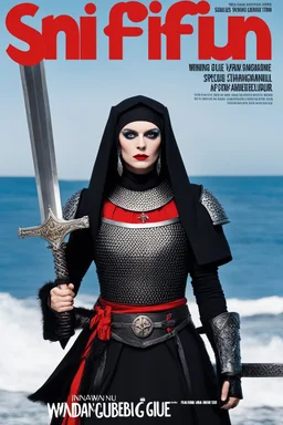 SNIFFIN’ GLUE magazine high res photo cover by Iwan Baan:, special Disobey issue, guest star: Nina Hagen in medieval nun opening the ocean in chainmail armour with a bloody zweihander sword, NO RULES, just punk