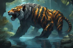 An aquatic beast with the head of a lizard, body of a tiger, limbs of a gorilla, and a tail of a crocodile in 8k solo leveling shadow artstyle, machine them, close picture, rain, intricate details, highly detailed, high details, detailed portrait, masterpiece,ultra detailed, ultra quality