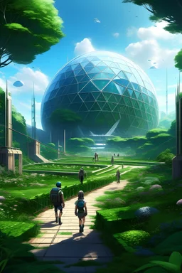 una colonia espacial en un planeta lejano. Destaca la presencia de humanos que pasean con trajes futurísticos. Integra elementos arquitectónicos avanzados. En el centro de la imagen, crea una imponente cúpula de cristal que alberga un jardín exuberante. En el cielo puede verse el planeta Tierra.