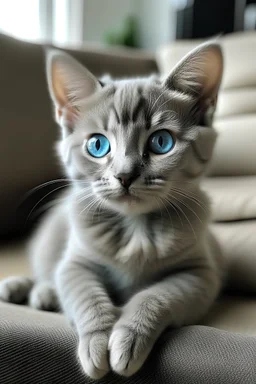 a grey kitten with blue eyes sitting on couch