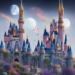 disney castle dark Magic on the moon, 8k, finely detailed, photo realistic