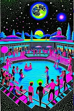 techno rave party in 80's with dj and swimming pool on the moon full