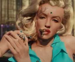 Marilyn Monroe, smokes a cigarette, cyberpunk2077, photorealistic illustration, 4k