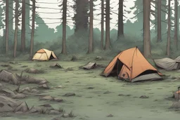 campsite, tents, overgrown, post-apocalyptic, comic book, forest