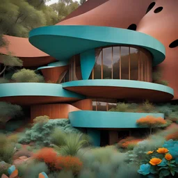 house designed by john lautner, african patterns, textured turquoise, sedona, corten steel,flowers , rusty metal, realistic, african textures, very patterned