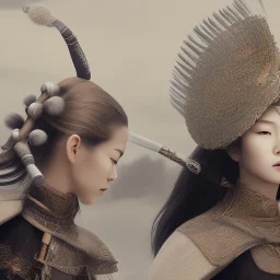 Japanese female warriors photography, their heads are too close together, very close-up, front portrait, impressive warrior costume, insanely detailed, 16k resolution, intricate detail, cinematic environment, depth of field, sharp focus, hyper realistic