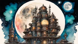 An image of a building with a full moon in the background, colorful sci-fi steampunk, intricate ink painting details, mechanical life form, fantasy watercolor, moving castle