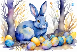 A blue rabbit with yellow eyes curled up on the ground among easter eggs and branches of trees. A vibrant watercolor painting in the style of alcohol oil ink