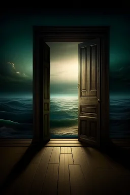 80. there is an open door in a dark room and behind the door there is a beautiful sea, the sun, realistic