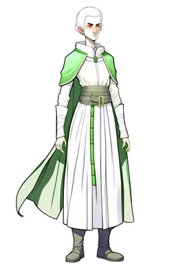 full length colour drawing, portrait, 22-year old friendly female human cleric, shaved head, light eyebrows, grey eyes, wearing white (10%) and dark green (80%)