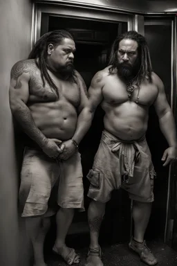 half figure shot photography of two ugly gypsies close, face to face, 41 years old with dreadlocks, overweight muscular chubby, tattoo, beard, bullneck, shirtless, manly chest, hairy torso , embraced, broken short pants,, angry eyes, in an elevator, top light, ambient occlusion, photorealistic, side view from the ground