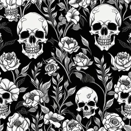tracery of flowers, bones and skulls, black and white, Maximum minimalism