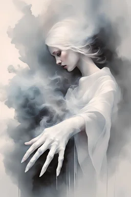 White smoke artistically takes the form of gloves by Ryohei Hase, Agnes Cecile, Raymond Swanland, Anne Bachelier, pastel smoky texture in hues of tranquility, an embodiment of minimalism with a stroke of simplicity, evoking serenity against a backdrop, white shimmering, fantasy art, backlit