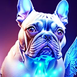 a detailed illustration of a french bulldog, phoenix bird wallpaper, luminescent body, full body, symmetrical body, realistic, glowing muscles, sharp focus, meticulously detailed, soft evening sky, 64k