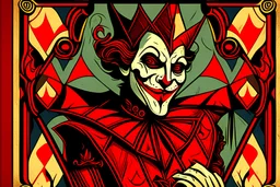 Stylized Medieval European joker, In the style of Tarot and Art Deco, red colours