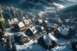 medieval village in the snow covered mountain forest