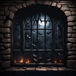 Hyper Realistic grill window of dark dungeon with bats flying & cobwebs on dark rustic walls at night